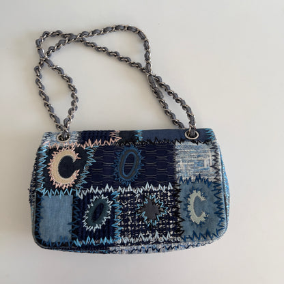 Chanel Multicolor Denim Coco Mark Patchwork Chain Shoulder Bag Medium