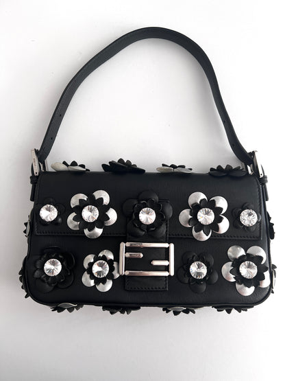 Fendi 3D flowers black leather baguette