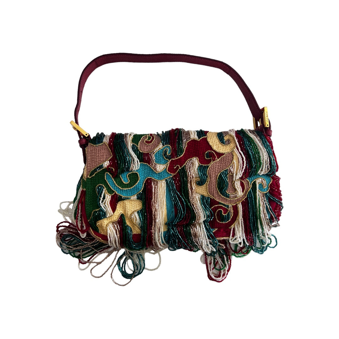 FENDI MULTICOLOR BEADED WAVE PRINT FRINGE BAGUETTE