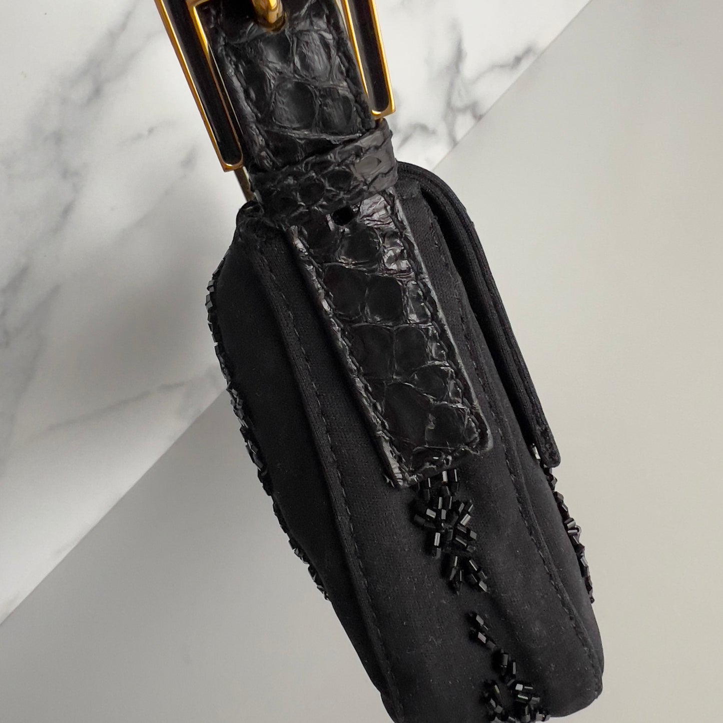 Vintage Fendi Black Embroidered Beads Cloth Baguette