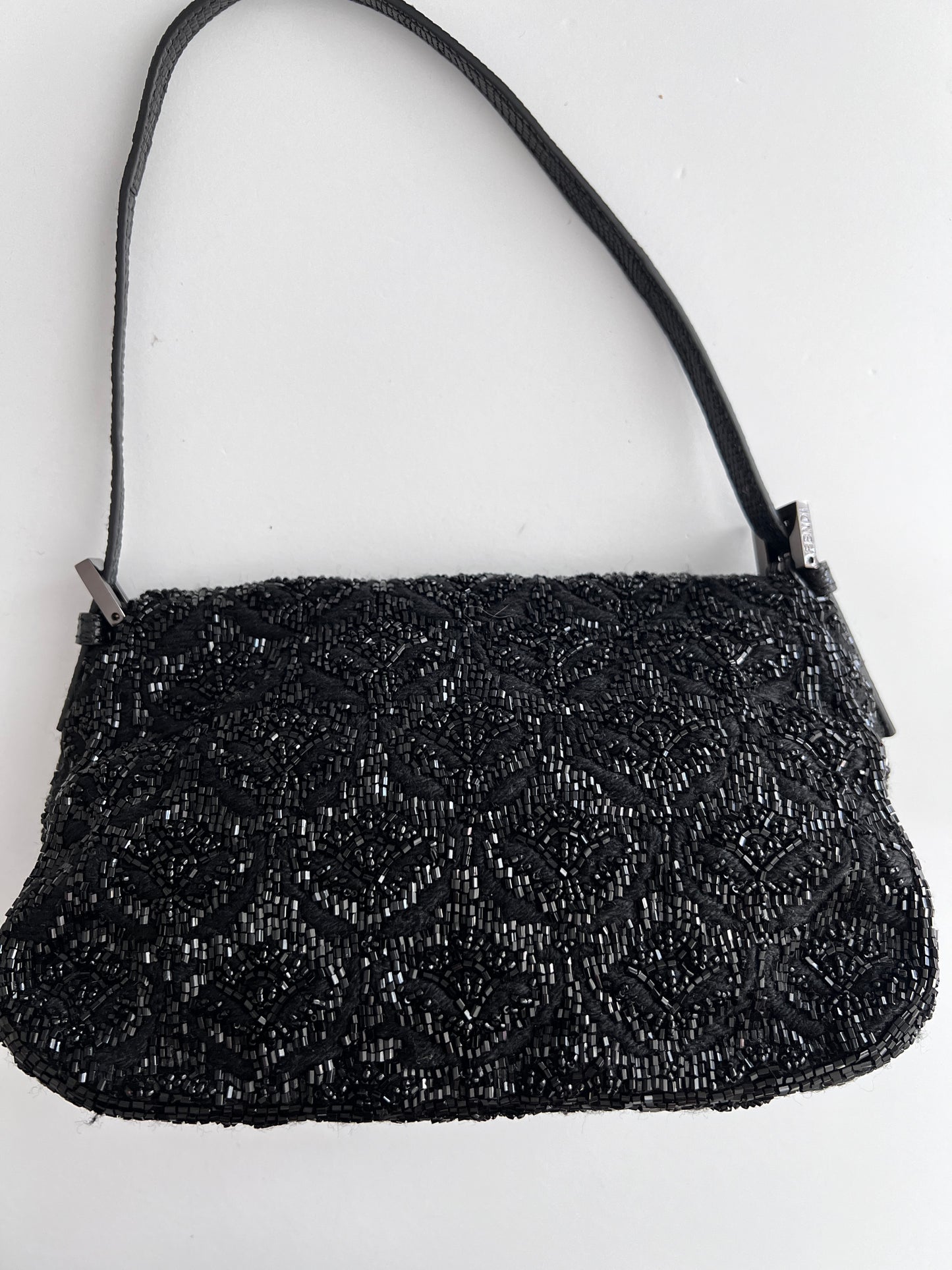 Fendi black rose pattern beaded mini mamma baguette