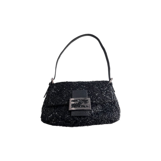 Fendi black rose pattern beaded mini mamma baguette