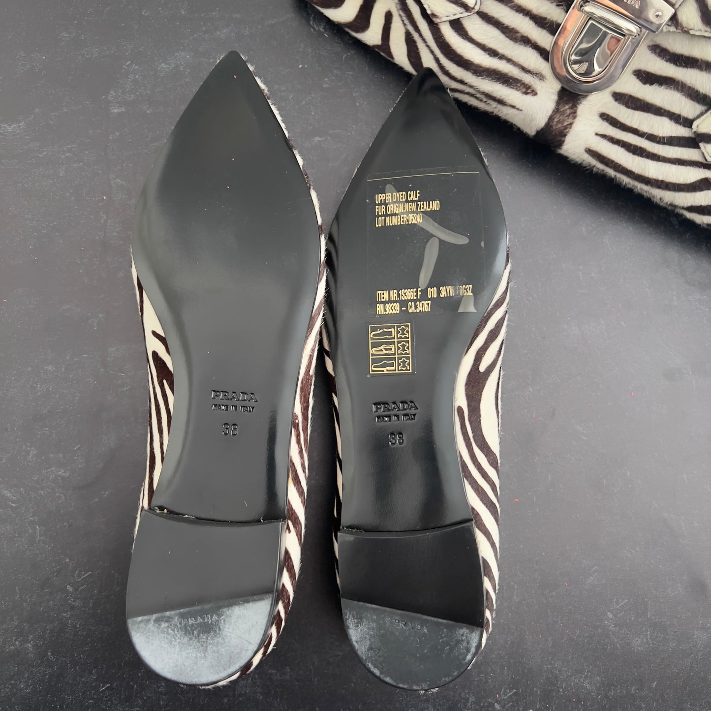 Prada Zebra Print Pony Hair Flap Shoes Size 8