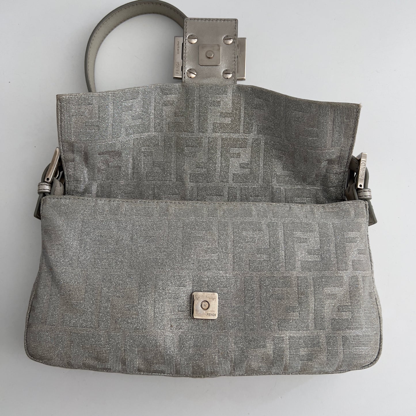 Fendi Metallic FF Silver Cloth Baguette