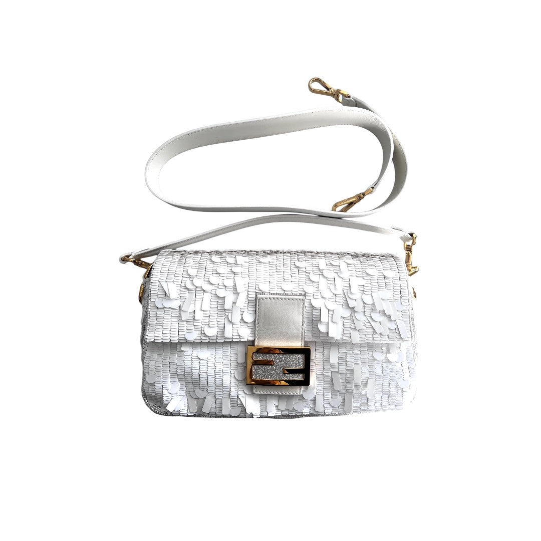 Iconic Fendi white sequin baguette