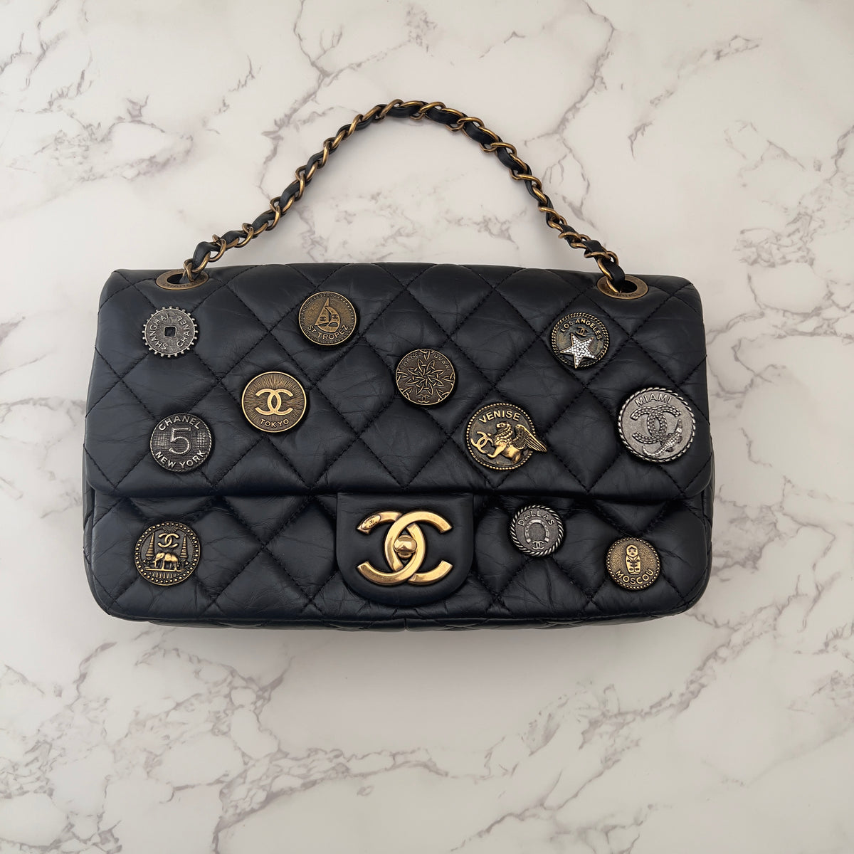 Chanel Vintage Black Quilted Leather Lucky Charms Medium Flap Bag