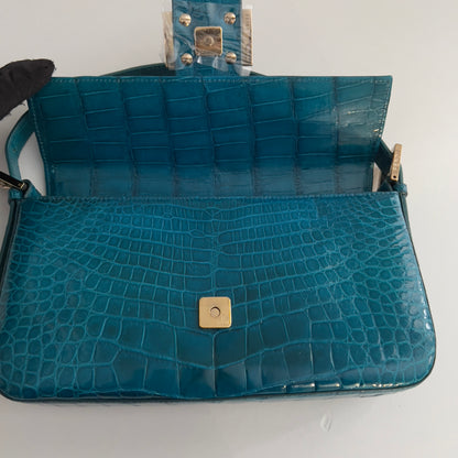 Vintage Blue Crocodile Skin Rhinestone Buckle Baguette