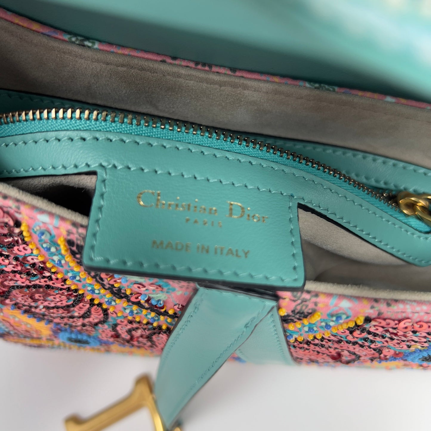 Dior pink& green sequin embroidered saddle bag