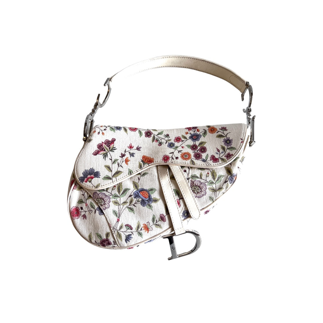 Dior limited edition white floral  canva saddle bag