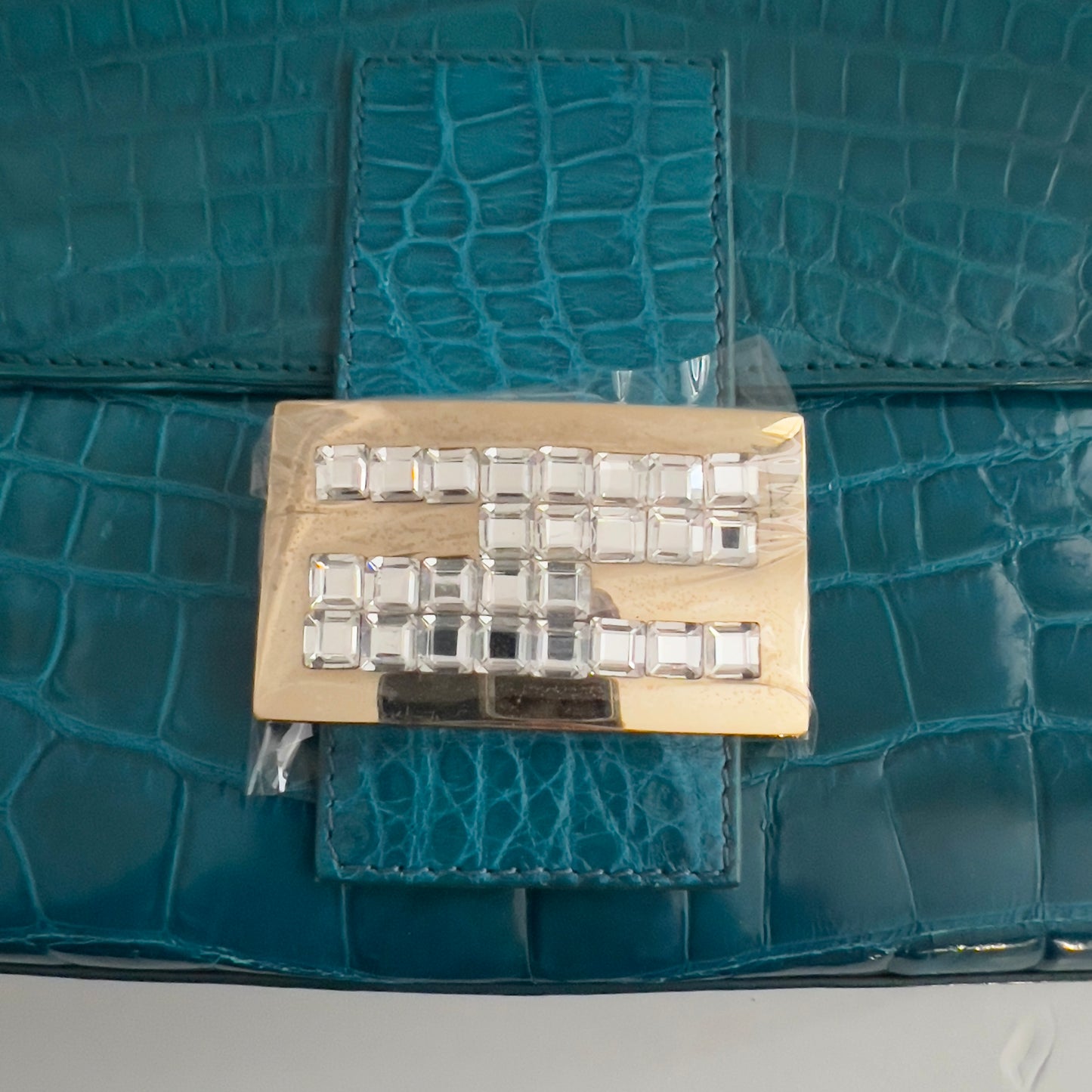 Vintage Blue Crocodile Skin Rhinestone Buckle Baguette