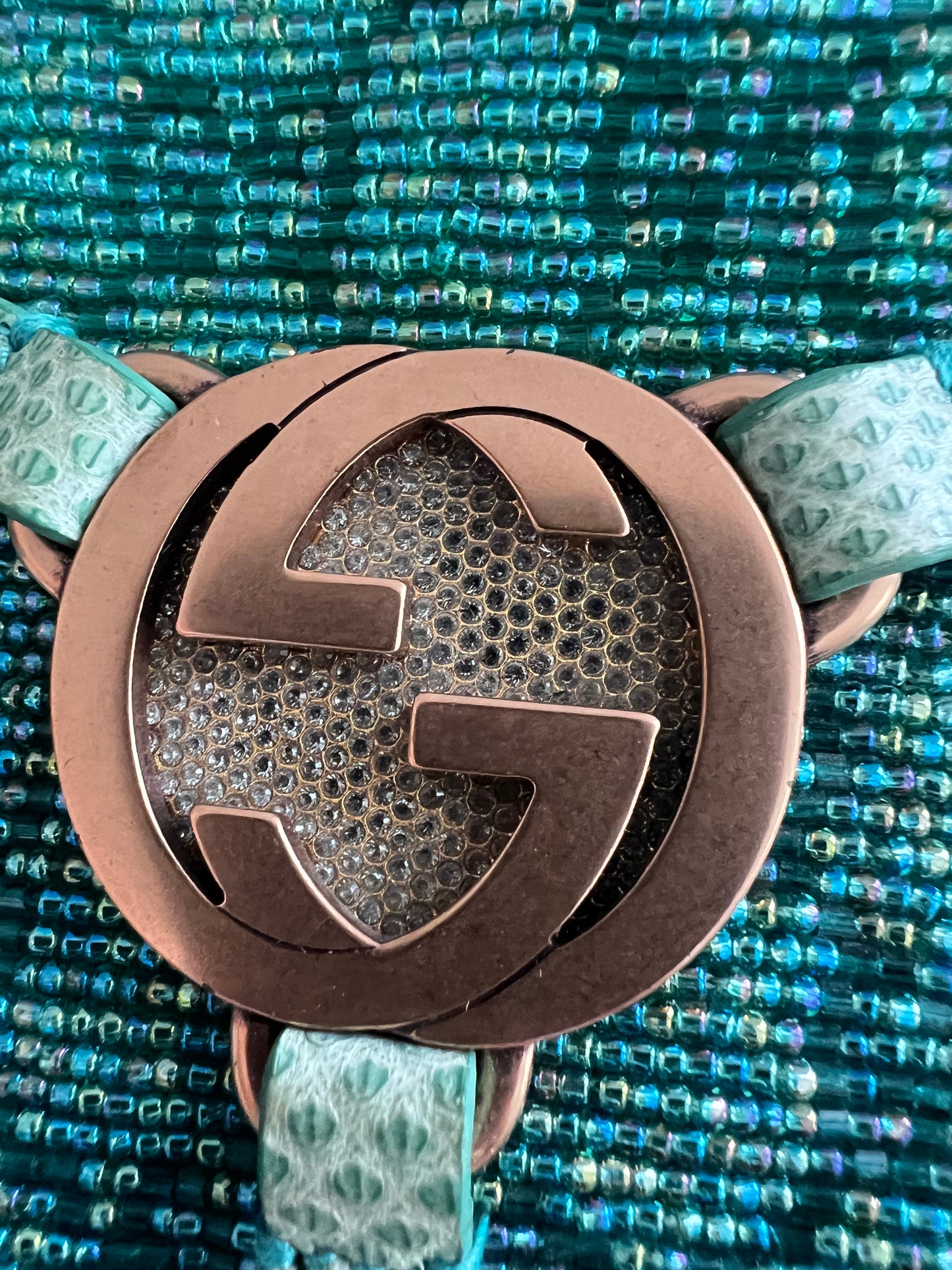 Gucci Turquoise GG Nonogram Crystals beaded lizard skin bag