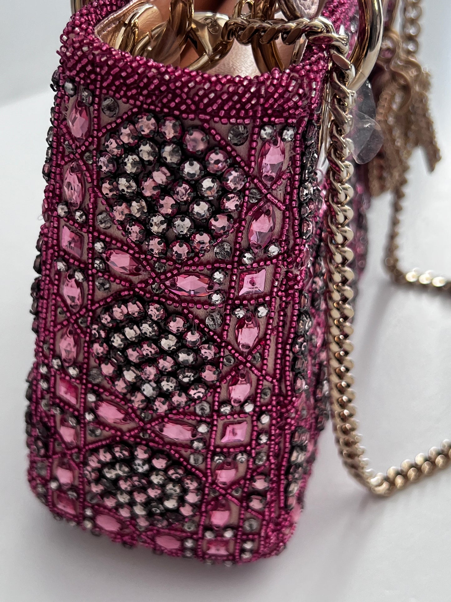 Pre-loved Mini Lady Dior Bag
Metallic Lambskin and Rose des Vents Satin Embroidered with Beads