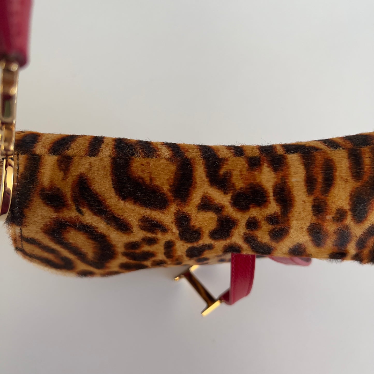 Vintage Christin Dior Pony Hair Leopard Saddle Bag Red