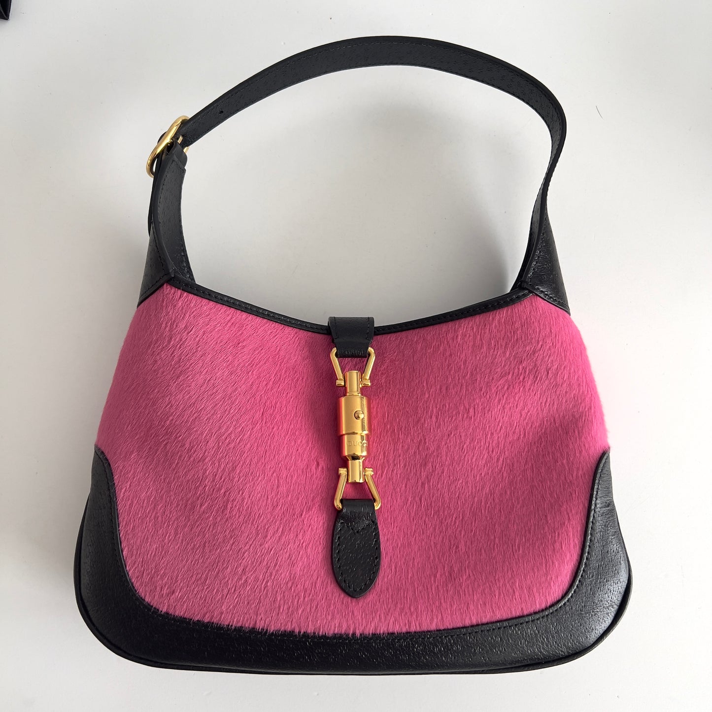 Gucci Calf Hair Dollar Calfskin Jackie 1961 Hobo Pink Black Small Size