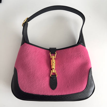Gucci Calf Hair Dollar Calfskin Jackie 1961 Hobo Pink Black Small Size