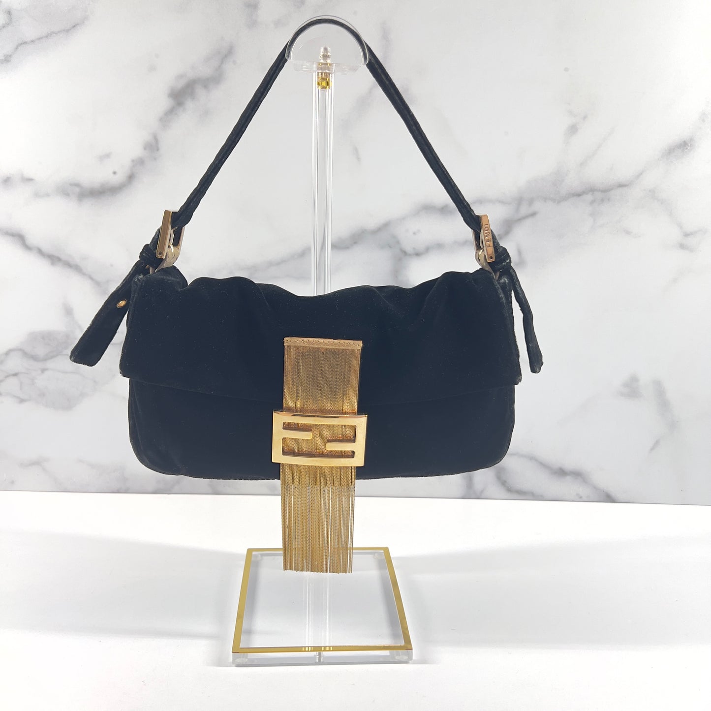 Fendi Black Velvet Gold Tassel Baguette