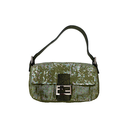 Fendi green sequin lizard trimmed baguette