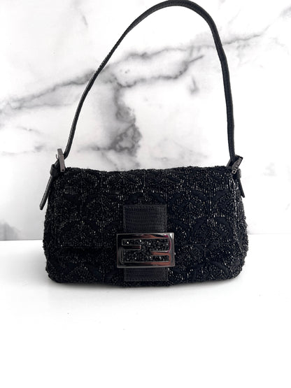 Fendi black rose pattern beaded mini mamma baguette