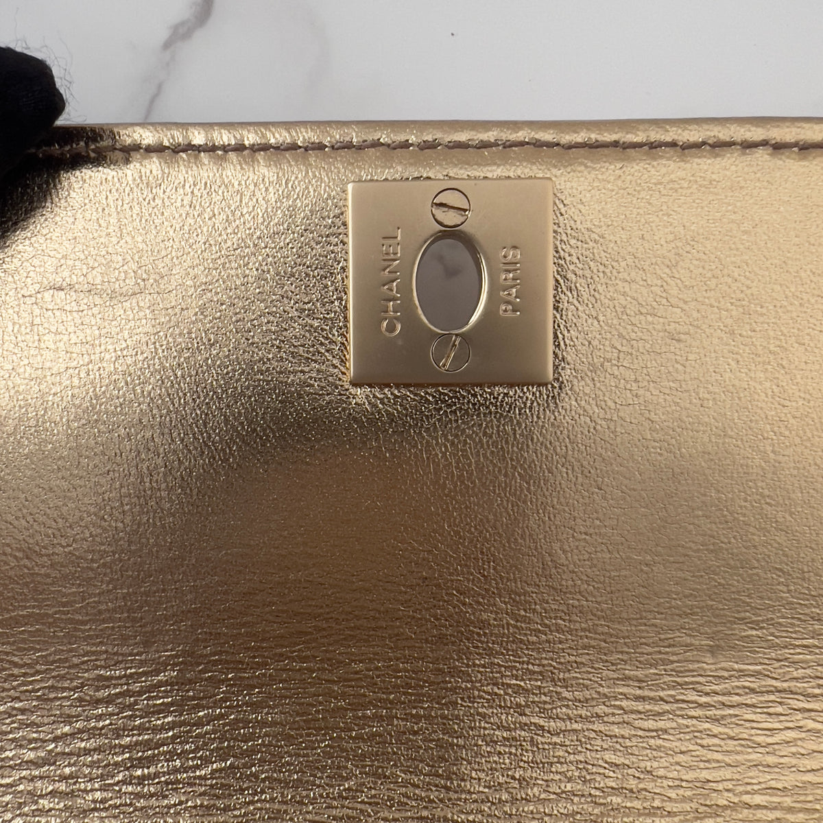 Vintage Chanel 2005 Metallic Gold Chocolate Bar Quilted Triple Chain Mini Flap Bag