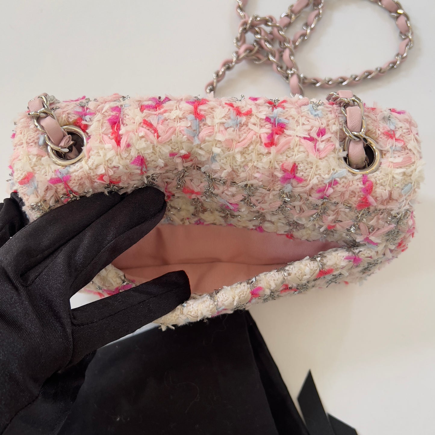 CHANEL Tweed Quilted Mini Rectangular Flap Light Pink Silver
