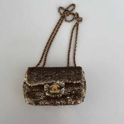 Chanel Mini Rectangle Gold& Silver Sequin Flap Bag