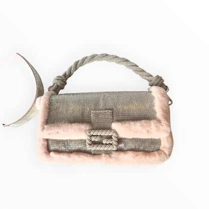 Fendi Silver Beaded Pink Fur Trimmed Baguette