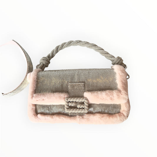 Fendi Silver Beaded Pink Fur Trimmed Baguette