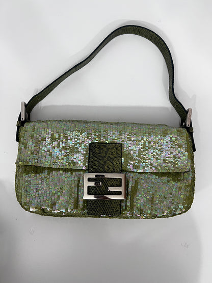 Fendi green sequin lizard trimmed baguette