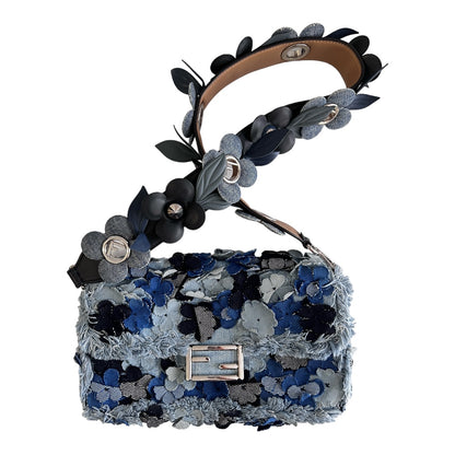 Fendi 3D flowers denim baguette