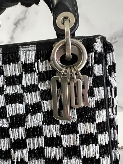 Dior fringe beaded black& white plaid lady dior bag