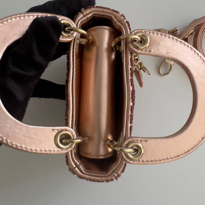 Dior Metallic Rose Beaded Cannage Micro Ladydior bag
