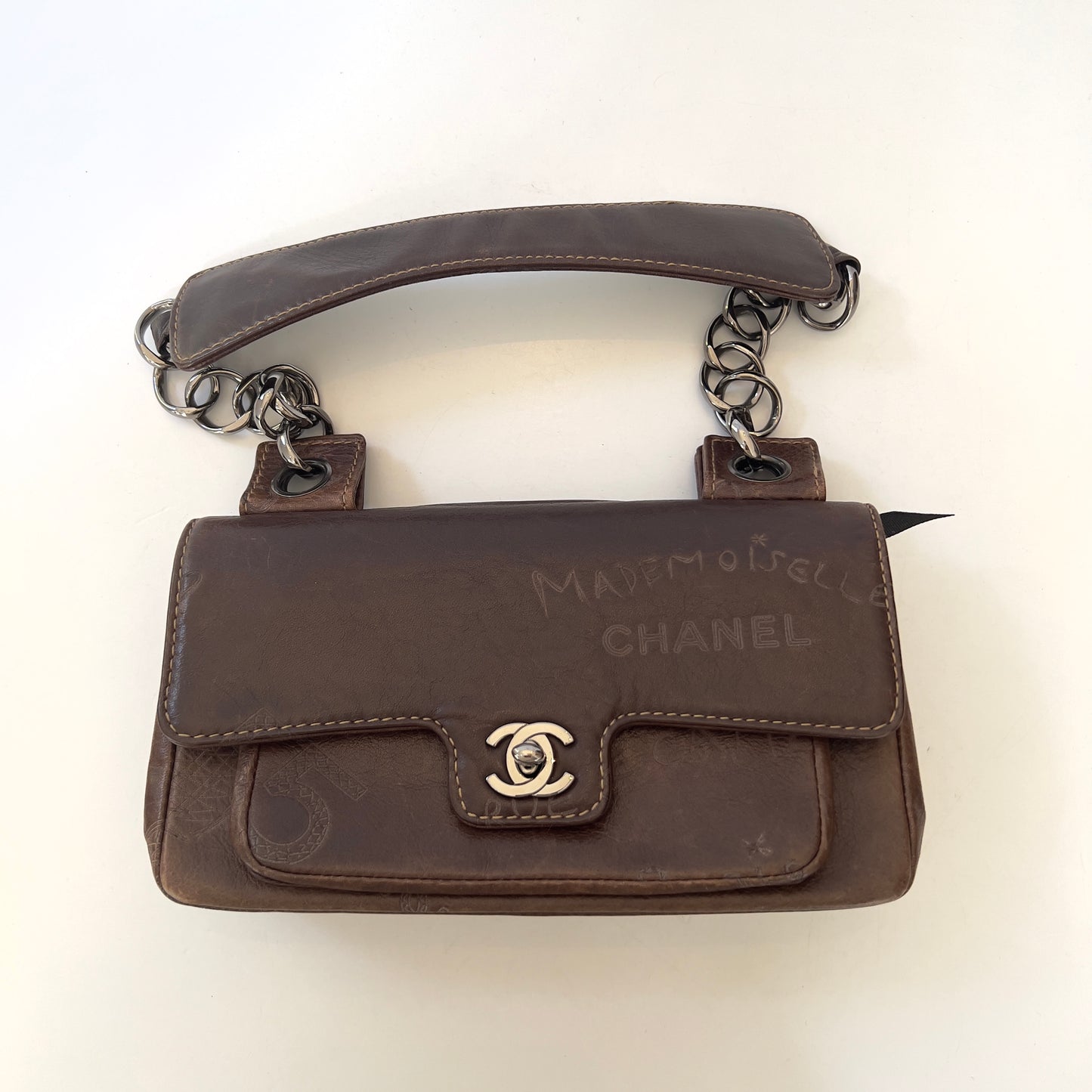 Vintage Chanel Brown Leather Graffiti Coco No 5 Bag