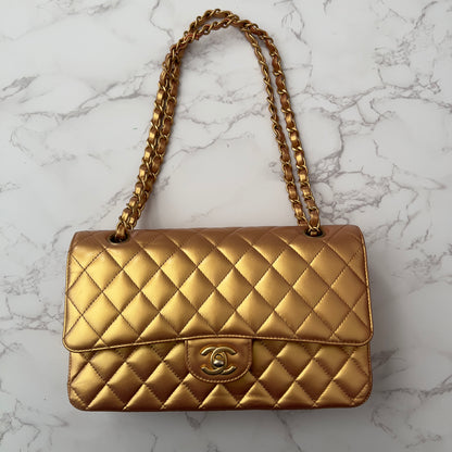 Chanel Metallic Lambskin Quilted Medium Double Flap Golden