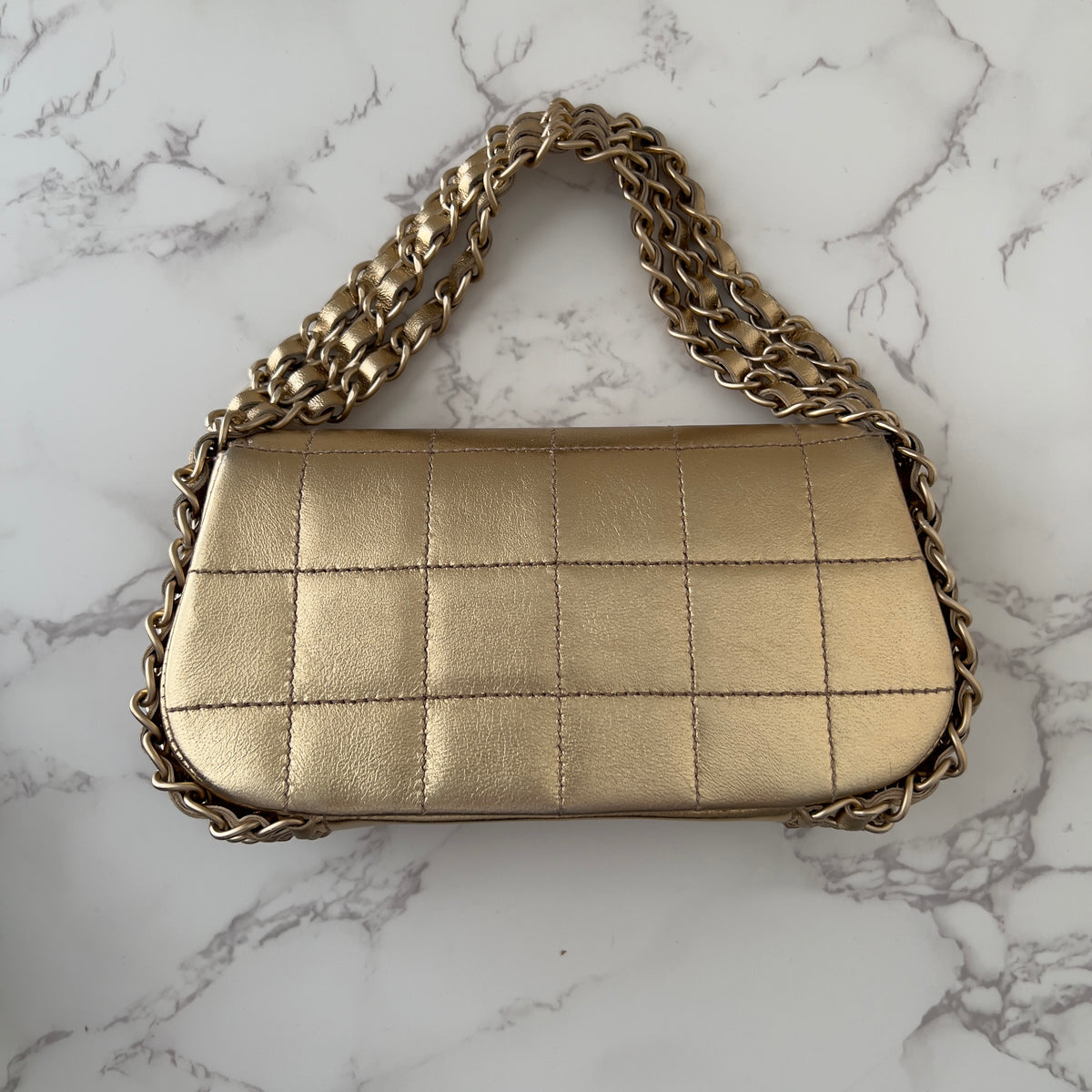 Vintage Chanel 2005 Metallic Gold Chocolate Bar Quilted Triple Chain Mini Flap Bag