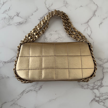 Vintage Chanel 2005 Metallic Gold Chocolate Bar Quilted Triple Chain Mini Flap Bag