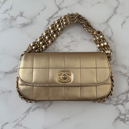 Vintage Chanel 2005 Metallic Gold Chocolate Bar Quilted Triple Chain Mini Flap Bag