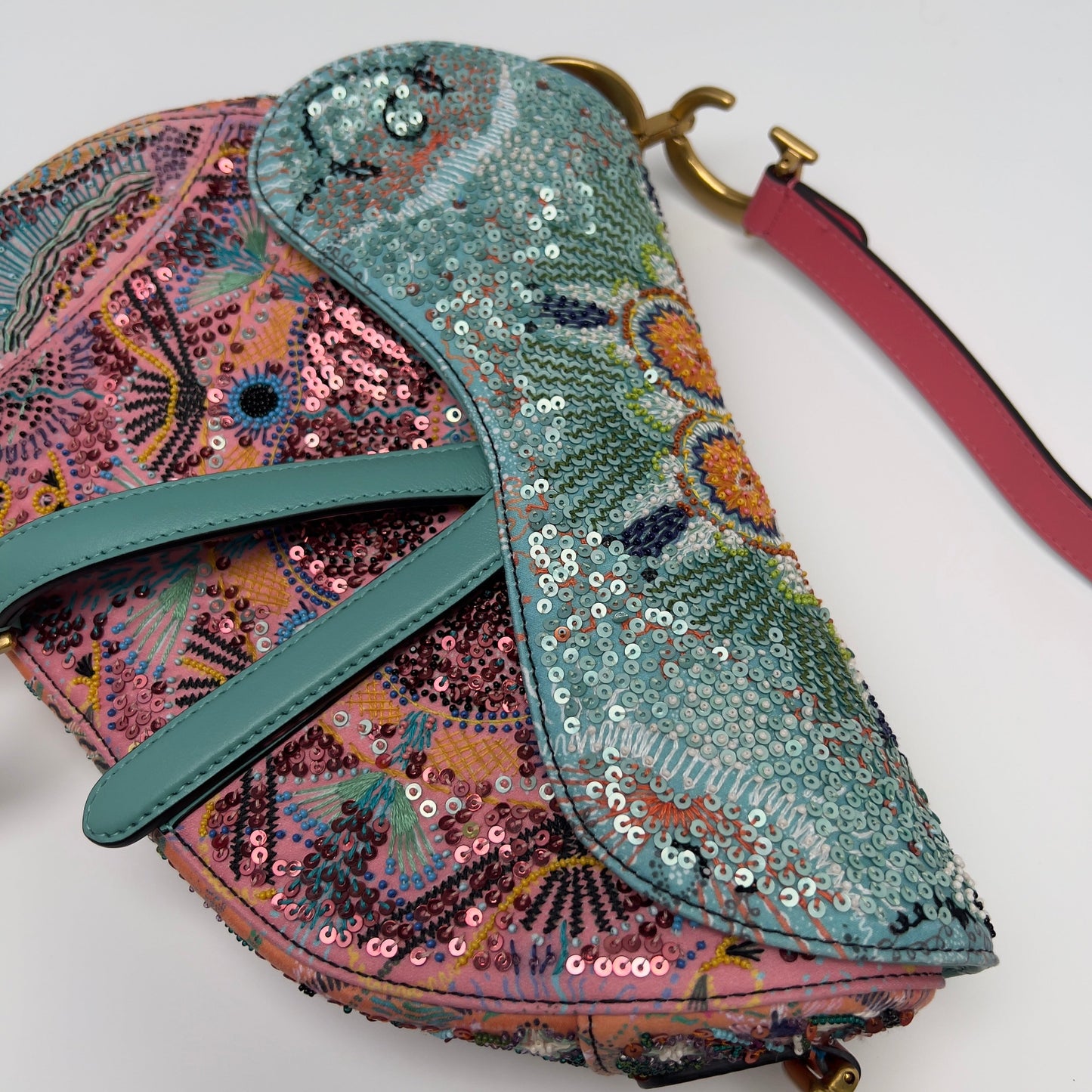 Dior pink& green sequin embroidered saddle bag