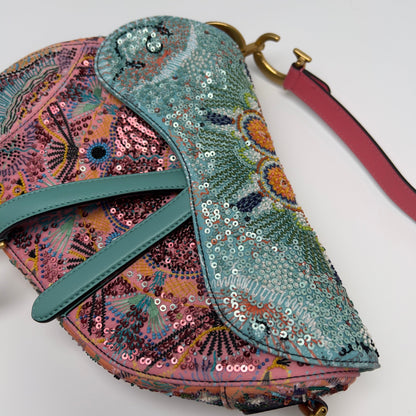 Dior pink& green sequin embroidered saddle bag