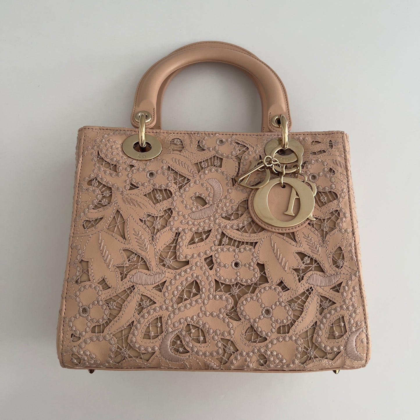 Dior Calfskin Medium Size Sand Pink Lace Ladydior Bag