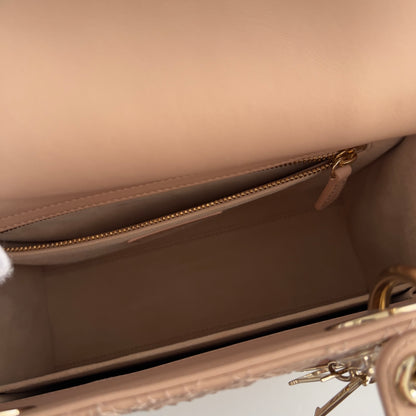 Dior Calfskin Medium Size Sand Pink Lace Ladydior Bag