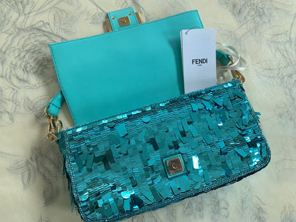 Iconic Fendi turquoise sequin baguette