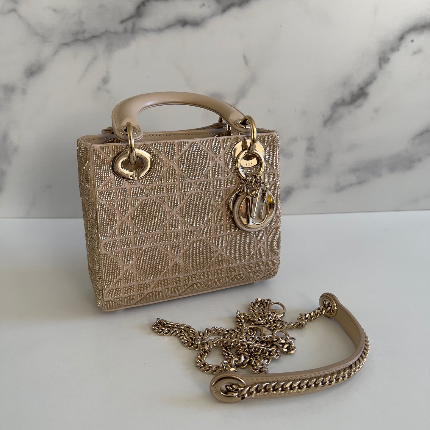 Dior Mini Tan Beaded Ladydior Bag