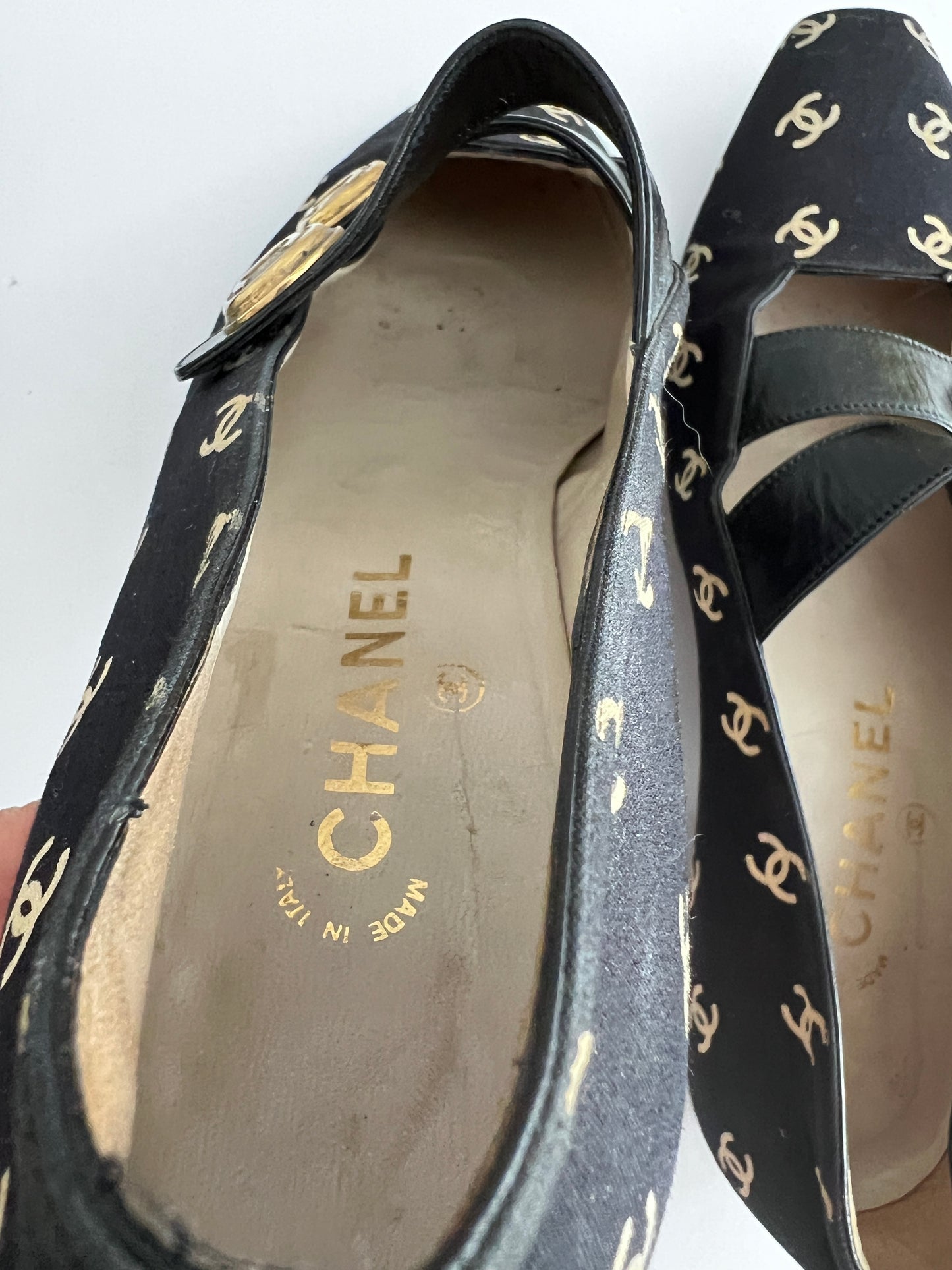 Vintage Chanel canvas logo flap shoes