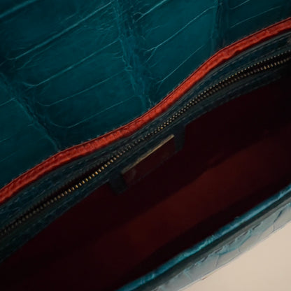 Vintage Blue Crocodile Skin Rhinestone Buckle Baguette