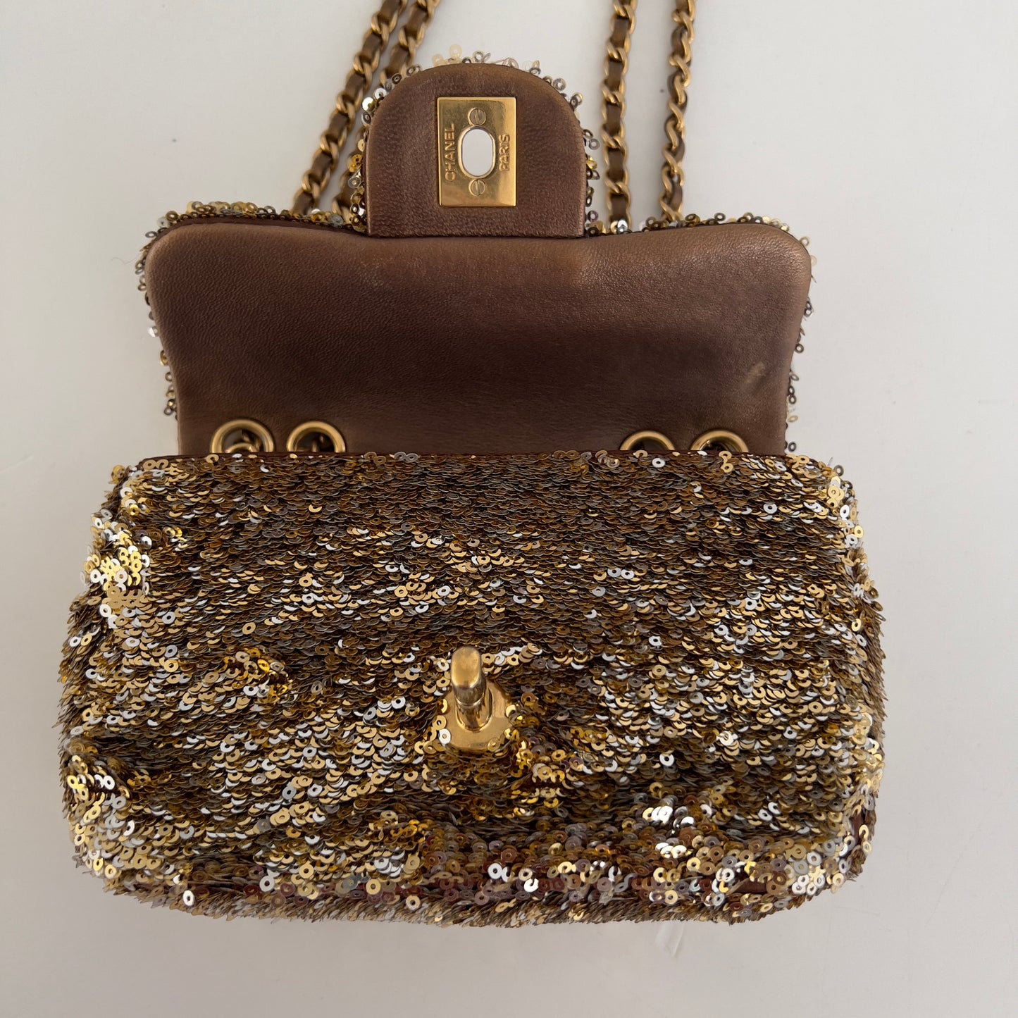 Chanel Mini Rectangle Gold& Silver Sequin Flap Bag