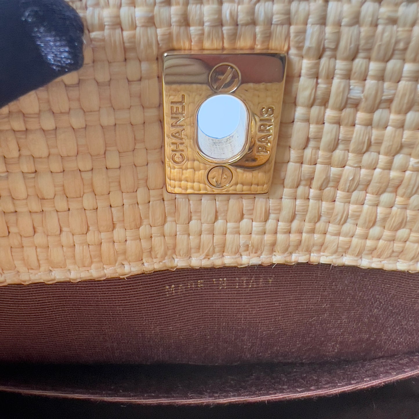 Vintage Chanel 90s CC Logo Chain Shoulder Bag Cream Gold Straw