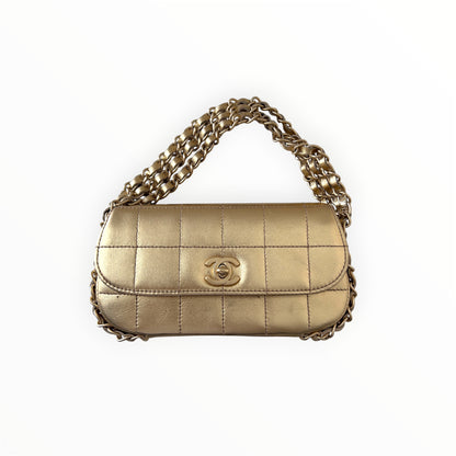 Vintage Chanel 2005 Metallic Gold Chocolate Bar Quilted Triple Chain Mini Flap Bag