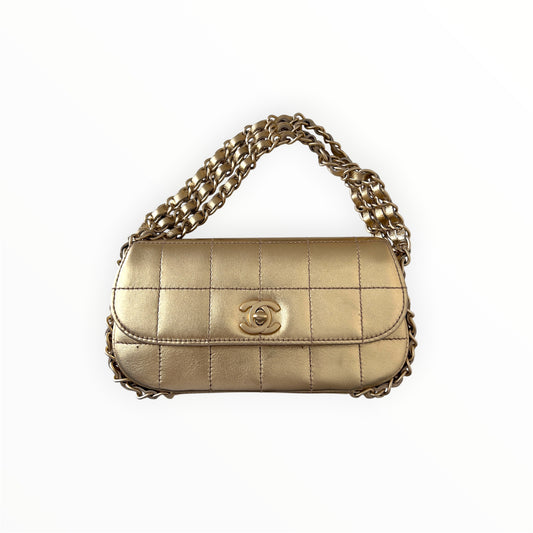 Vintage Chanel 2005 Metallic Gold Chocolate Bar Quilted Triple Chain Mini Flap Bag