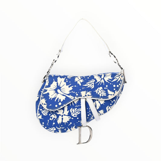 Vintage Christine Dior Canvas Surf Chic Saddle Bag Blue White