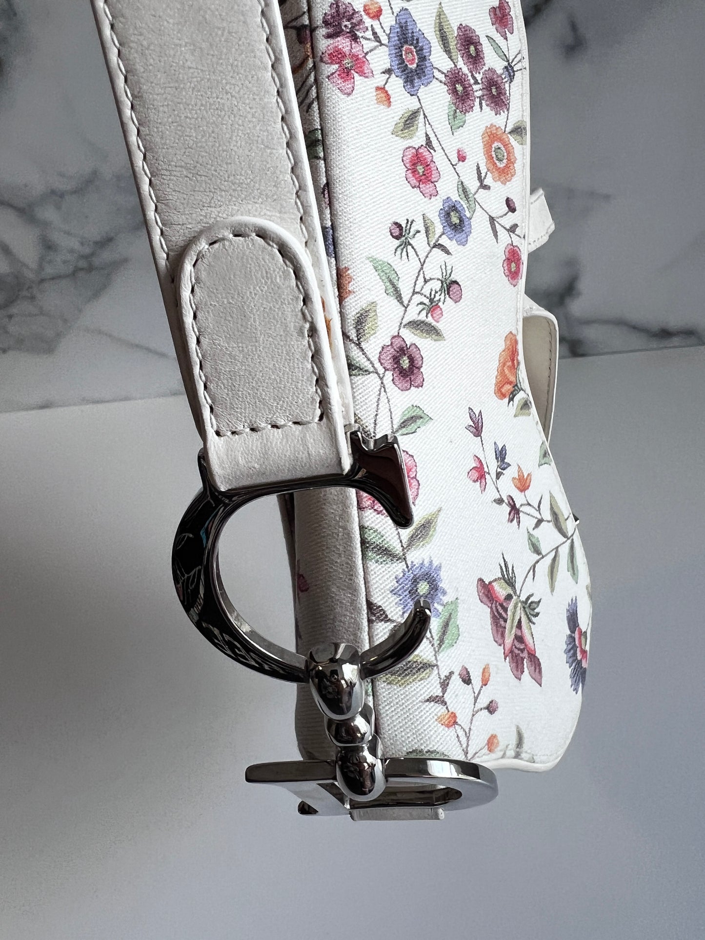 Dior limited edition white floral  canva saddle bag